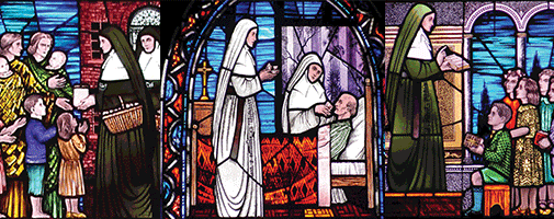 Stained glass featuring the Sisters of Mercy prodiving education and caring for the sick and poor